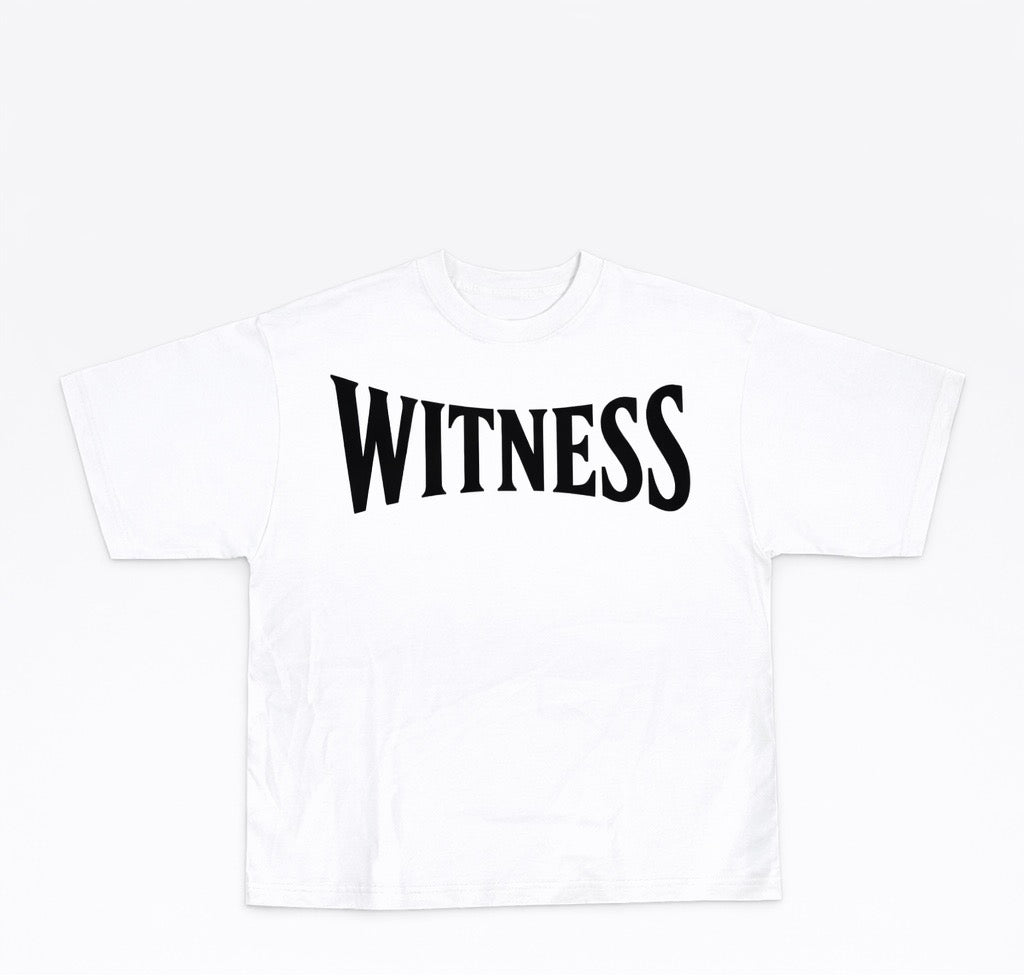 White t-shirt with 'WITNESS' printed in black on a white background