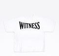 White t-shirt with 'WITNESS' printed in black on a white background
