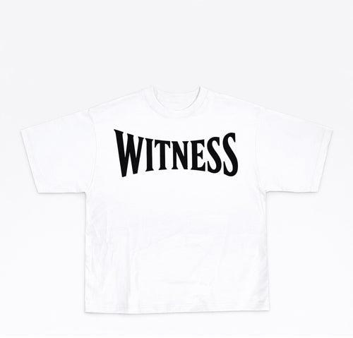 White t-shirt with 'WITNESS' printed in black on a white background